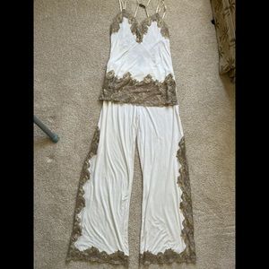 Soma “Cool Nights” pajama/ lounge set in cream with gold/ champagne lace trim
